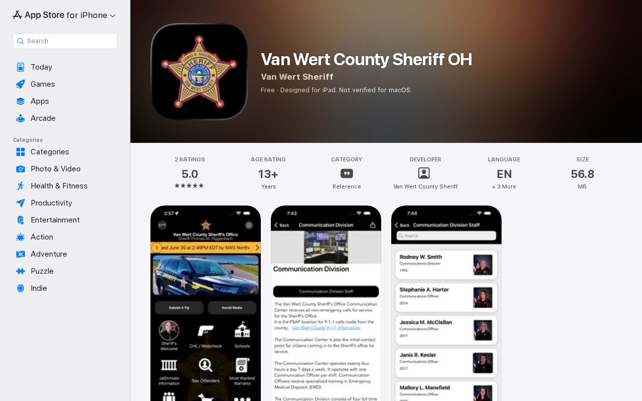Van Wert County sheriff app listing used for current inmate information, not a verified 24-hour release list