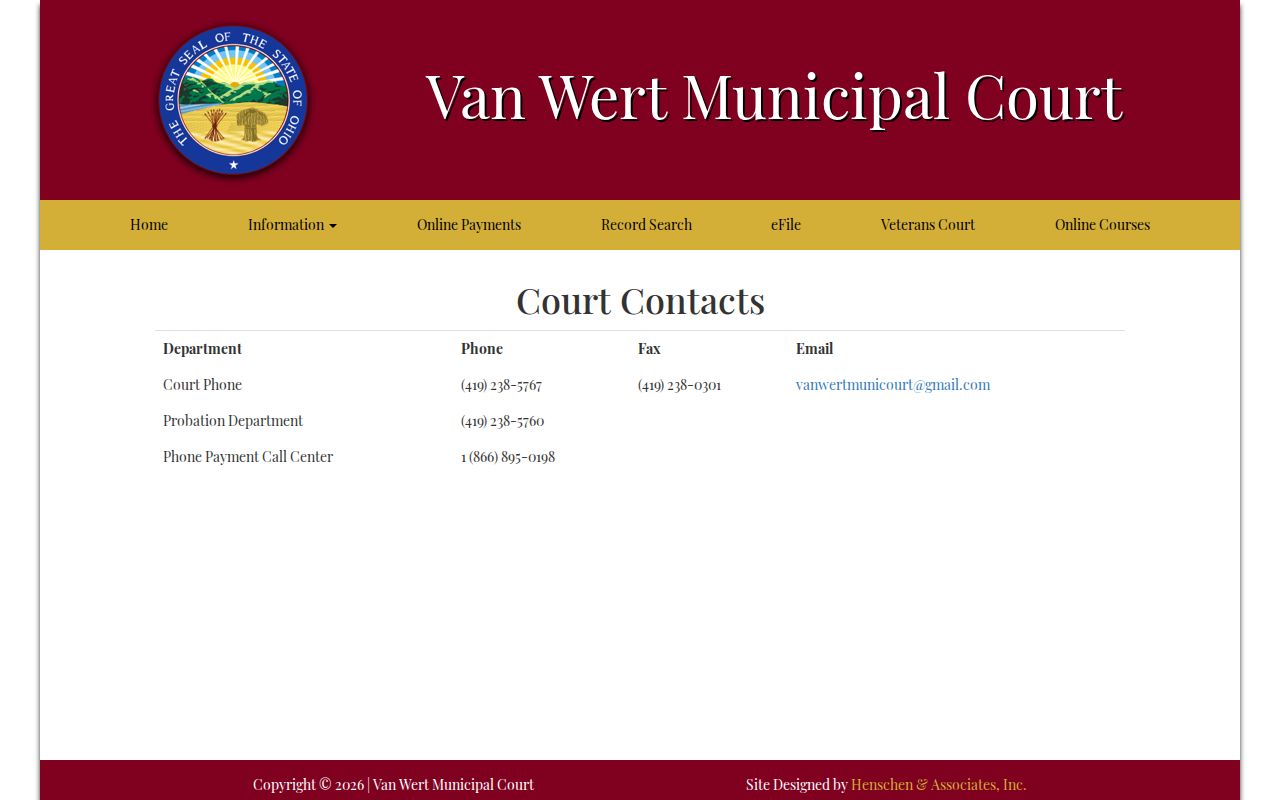 Van Wert Municipal Court contacts used to verify a recent county jail release and court action