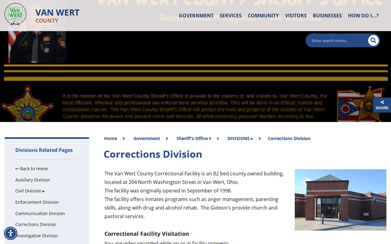 Van Wert County Corrections Division page directing current inmates to the sheriff app instead of a 72-hour release feed