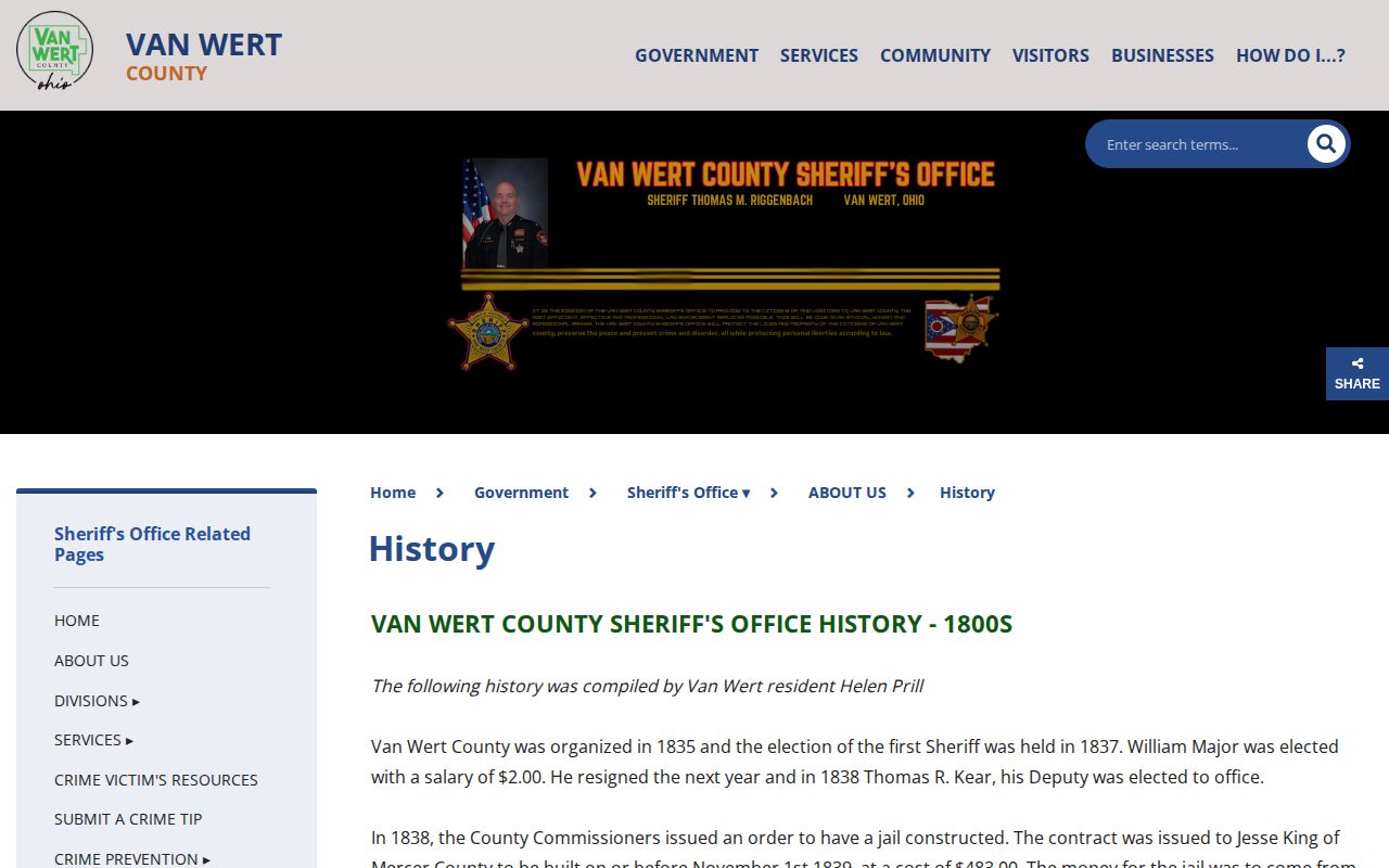 Van Wert County Sheriff jail history page
