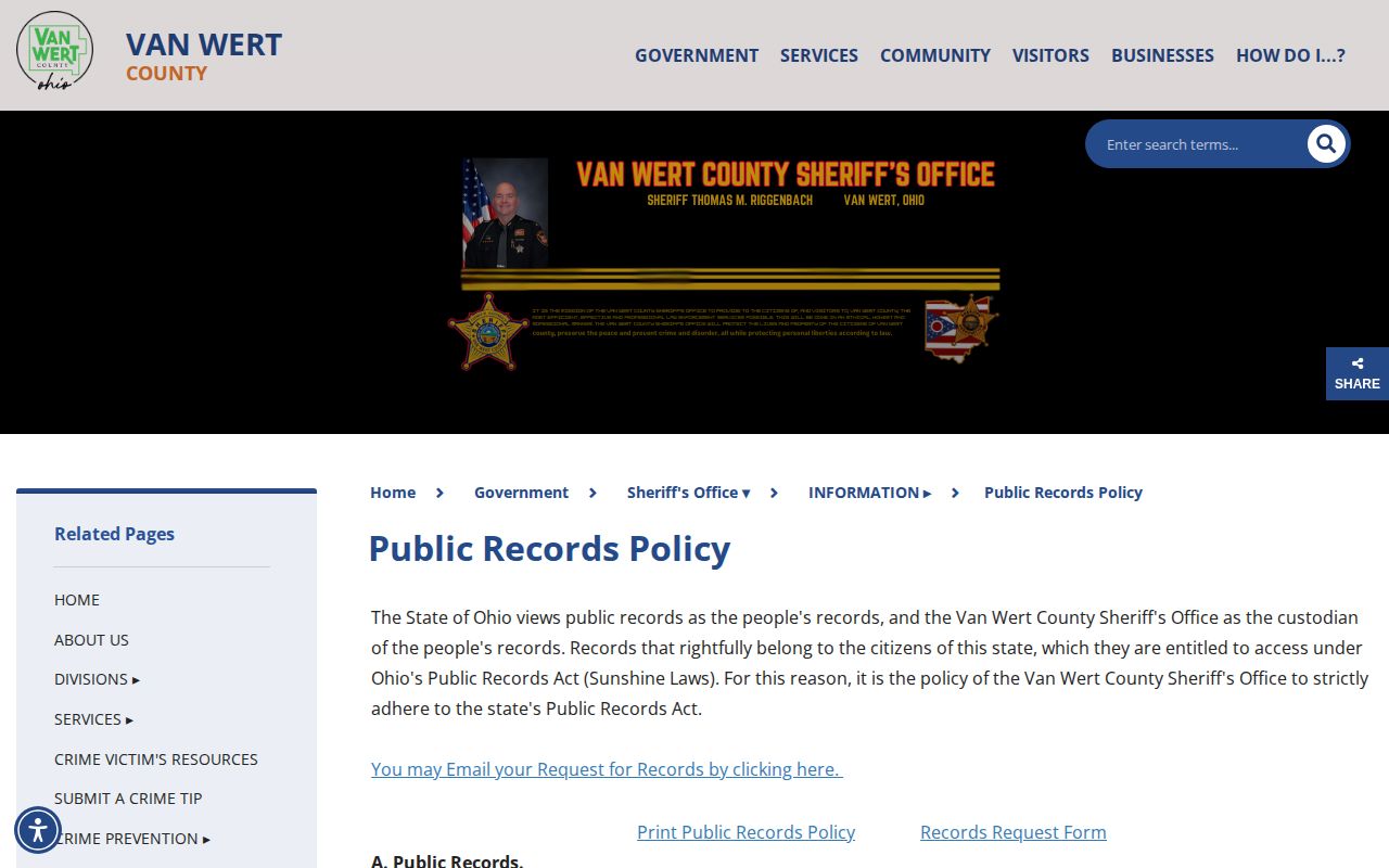 Van Wert County Sheriff public records policy page