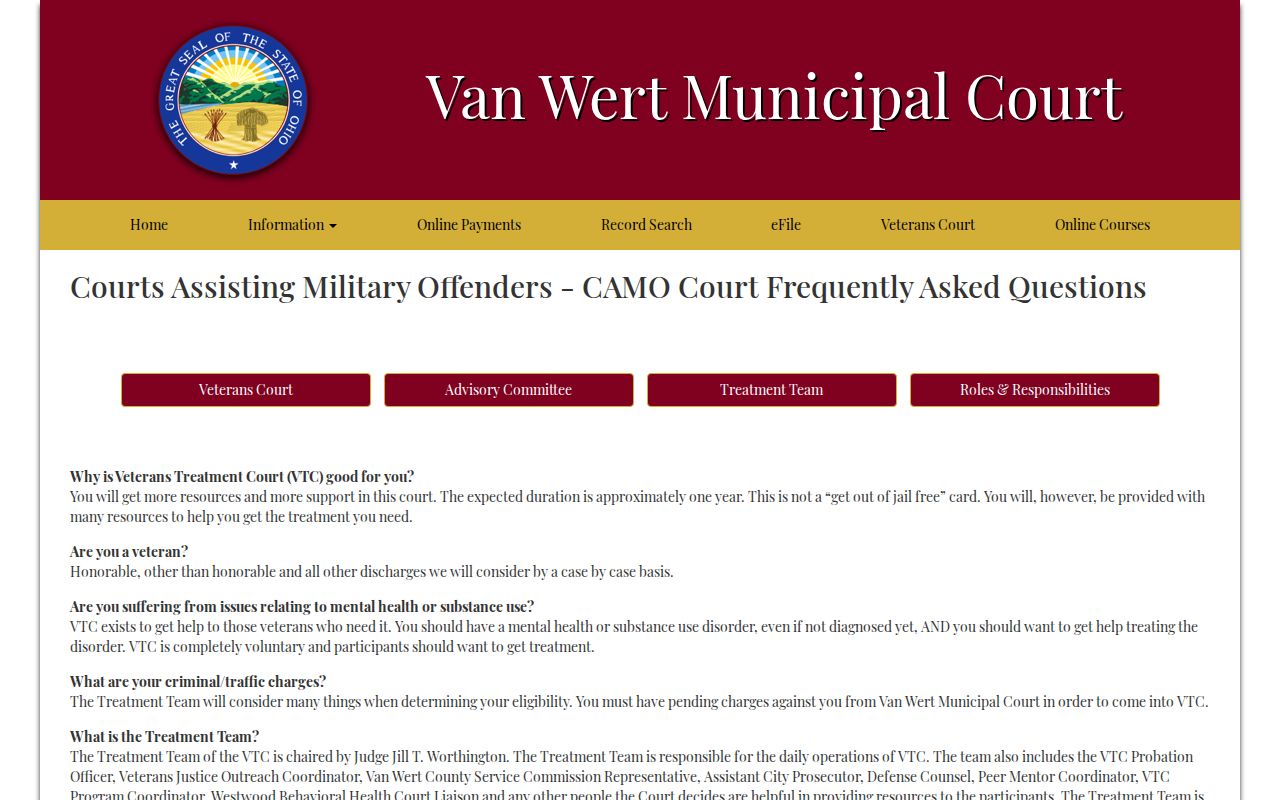 Van Wert County probation and parole Veterans Treatment Court information