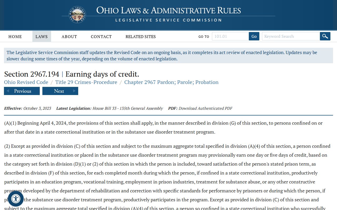 Ohio earned-credit statute for a Van Wert County projected release date
