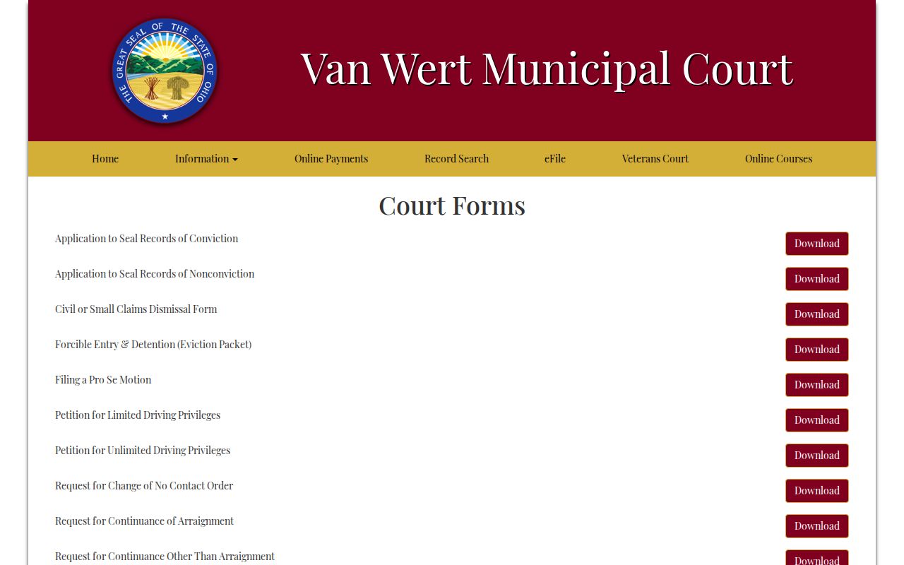 Van Wert Municipal Court sealing forms for booking and mugshot records